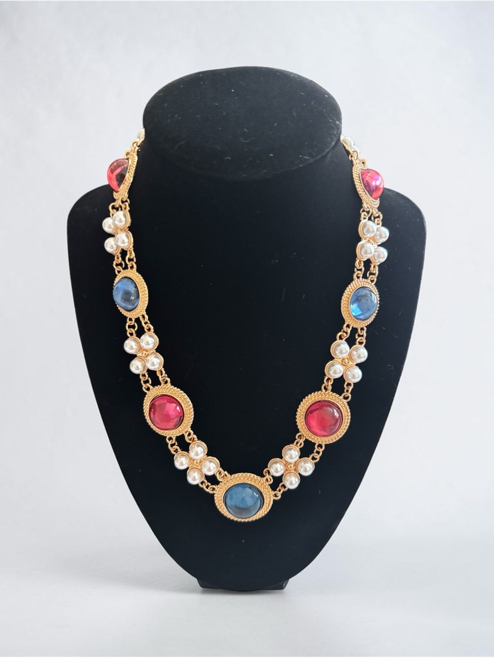 Gold-Tone Pearl Necklace with Blue and Pink Cabochons